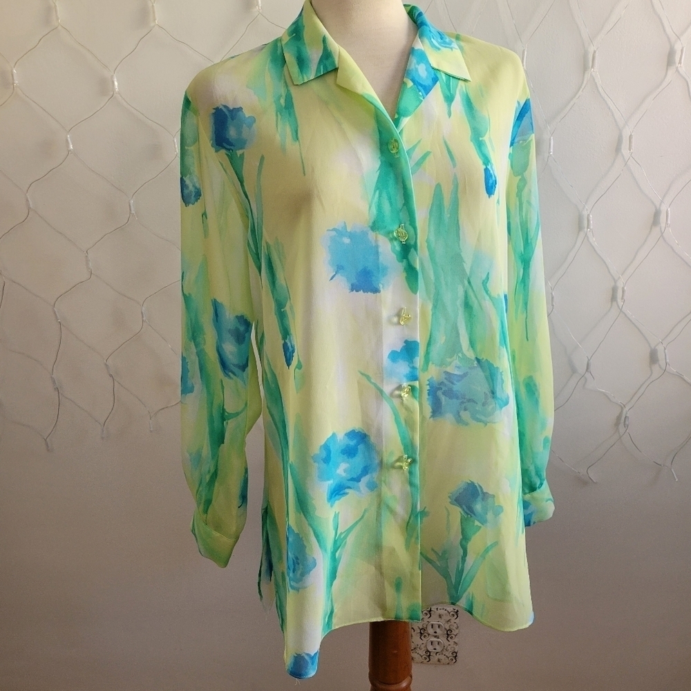 ▪︎ Vintage Watercolor Tunic Blouse • Ruth Norman • Size Medium • Semi-Sheer
